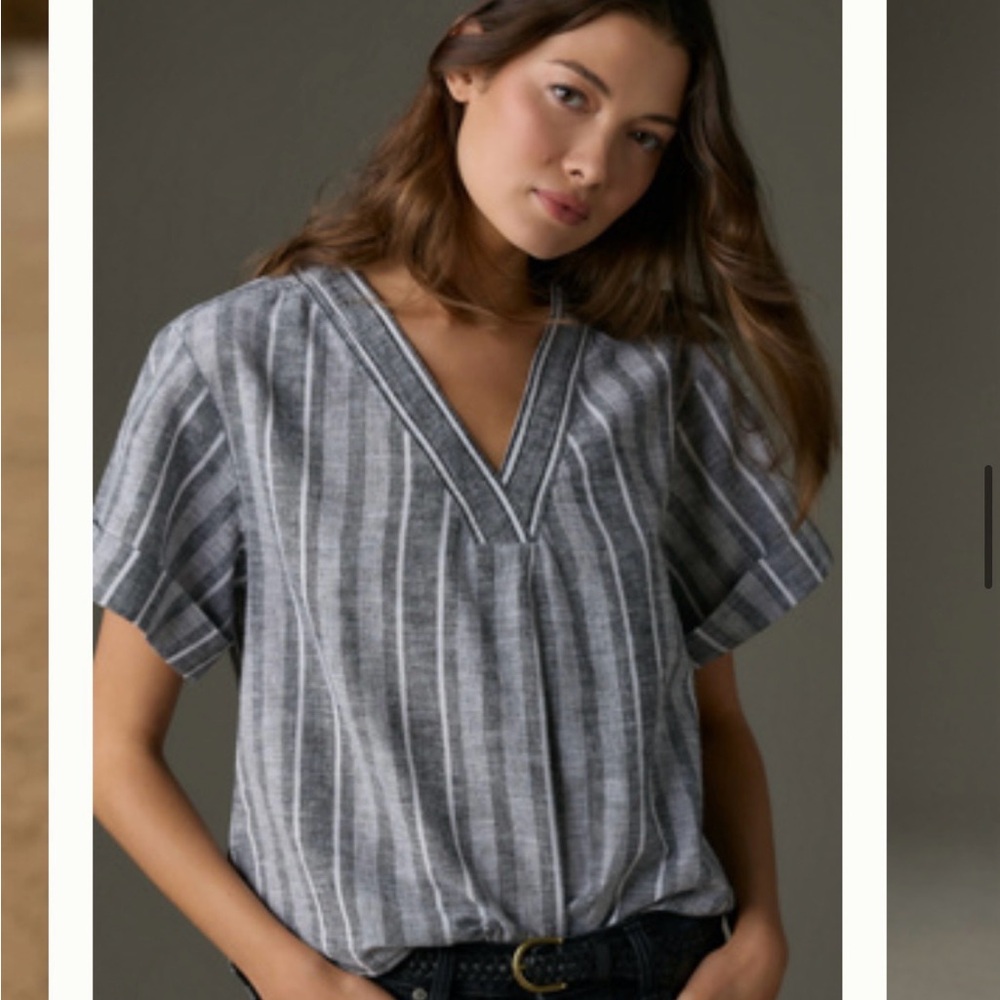 Pilcro Gray Striped V-Neck Blouse
